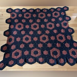 Two (2) Handmade navy base with Hexagon Crochet afghan Blankets